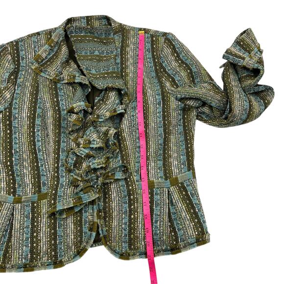 E by ECI Womens Vintage Stripe Ruffle Whimsical Boho Tweed Blazer Sz 10 - Picture 14 of 16